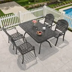 5-Piece Cast Aluminum Outdoor Dining Set: Rectangle Table, Stackable Chairs & Blue Cushions - All-Weather Patio Furniture for Your Backyard