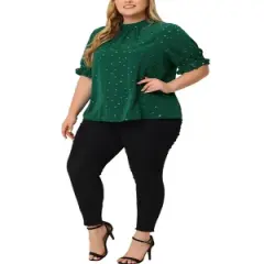 Agnes Orinda Women's Plus Size Work Pleated Keyhole Back Star Print Puff Sleeve Blouses