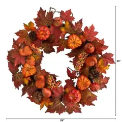 Nearly Natural 24&rdquo; Autumn Maple Leaves, Pumpkin, Pinecone and Berries Artificial Fall Wreath
