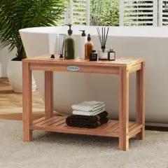 Tangkula 24 Inch Teak Wood Shower Bench Inside Shower Stool w/ Storage Shelf for Adults