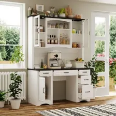 Famapy White Kitchen Hutch Kitchen Cabinet Pantry: Integrated Worktop, High Cabinet Combo, Dust - Proof & Organized