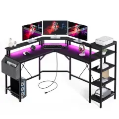 L Shaped Gaming Desk with Power Outlet & Led Lights, L-Shaped Corner Computer Desks Gaming Desk