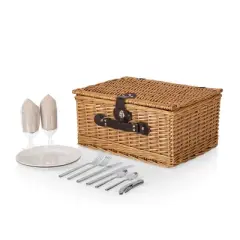 Picnic Time Classic Picnic Basket with Beige Canvas: Wicker Set, Solid Pattern, Handles & Side Pockets, 12 Pieces
