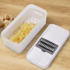 Cheer Collection Vegetable Slicer with 5 Stainless Steel Blades and Storage Container with Lid, Black and White