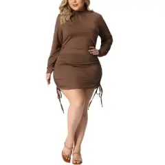 Agnes Orinda Women's Plus Size Bodycon Drawstring Ruched Long Sleeve Party Cocktail Mini Dress