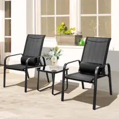 Tangkula 3PCS Patio Adjustable Back Stackable Chairs Side Table Set Bistro Set Classic Furniture Chair Set for Garden Black/Brown/Grey
