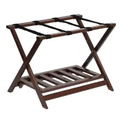 PJ Wood Portable Hotel Style Solid Wooden Folding Luggage Rack with Bottom Shoe Storage Shelf for House Guests or Travel, Walnut (2 Pack)