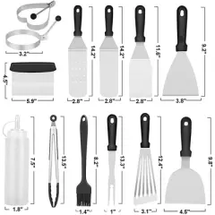 MOVSSOU BBQ Grill Spatula Set 14Pcs Stainless Steel Grill Scraper Tools BBQ Griddle Set