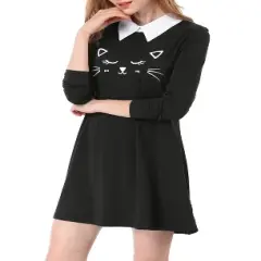 Allegra K Women's Contrast Collar Cat Face Printed Long Sleeve Swing Flare Mini Dress