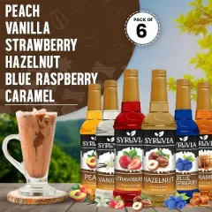 Syruvia Coffee Flavors Variety Pack: Peach, Vanilla, Strawberry, Hazelnut, Blue Raspberry & Caramel 25.4 fl oz Syrup