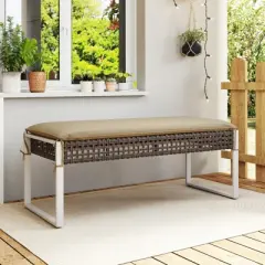 Costway Outdoor Ottoman Bench Patio PE Rattan Footrest w/ Soft Cushion & Metal Frame
