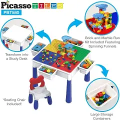 PICASSO-TILES Bricks Building Blocks with Marble Run 581PCS, Activity Table and Chair for Kids, Construction STEM Educational Toy