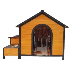 GDFStudio Bertha Modern 55" Metal and Solid Wood Dog House with Bowl and Door Curtain