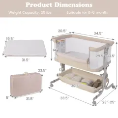 Infans Baby Bassinet Bedside Sleeper, Portable Crib with Wheels, 6 Adjustable Heights, Storage, Bed Side Bassinet for Infant Newborn, Beige