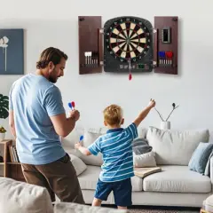 VEVOR Dartboard and Cabinet Set, Ready-to-Play Bundle Dartboard Cabinet Set, Hideaway Cabinet Features Electronic Scoring, Brown