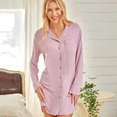 Womens Soft Knit Pajama Nightgown, Boyfriend Style Long Sleeve Sleep Shirt