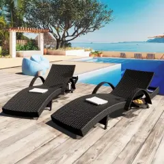 LOVSON 80'' Outdoor Wicker Chaise Lounge (Set of 2), Pull-Out Side Table, Adjustable Backrest, Pool Sun Lounger, Black