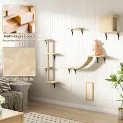 Sandinrayli Cat Wall Shelves - Wall-Mounted Set of 5, Floating Perches & Hanging Beds, Modern Furniture for Large Cats/Kitties (Beige)
