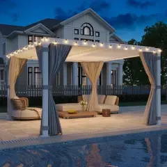 Erommy 10' x 10' Outdoor Louvered Pergola with Adjustable Aluminum Rainproof Roof with Curtains and Netting