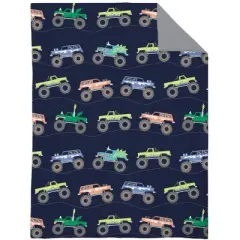 Carter's Monster Truck 4 Piece Toddler Bed Set - Comforter, Fitted Bottom Sheet, Flat Top Sheet, Standard Pillowcase, Navy and Grey
