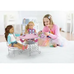 Badger Basket Tea Time Metal Doll Table and Chair Set with Accessories - Silver/Pink/Multi