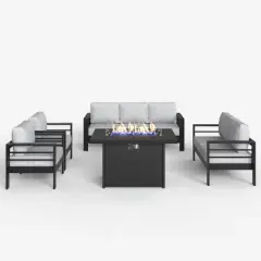LayinSun Aluminum Furniture Set with Fire Pit Table, 5 Pieces Patio Sectional Conversation Chat Sofa Modern Seating Set