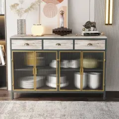 47.6" Modern Freestanding 4 Glass Door Sideboard with 3 Top Drawers, Natural - ModernLuxe