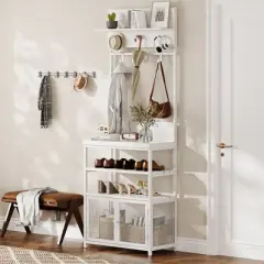 Coat Rack Shoe Storage 72.8in White Hall Tree with Doors Narrow Coat Tree Shoe Shelf Organizer with 7 Hooks for Entryway Bedroom and Mudroom