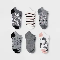 Women's Playful Cats 6pk Low Cut Socks - Gray/White 4-10: Tagless, Lightweight, Animal Pattern