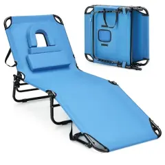 Costway Beach Chaise Lounge Chair with Face Hole Pillows & 5-Position Adjustable Backrest Blue