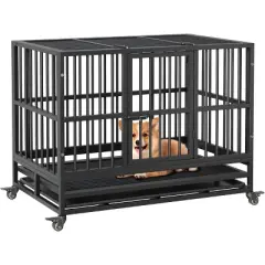 Heavy Duty Indestructible Dog Crate Steel Escape Proof, Indoor Dog House High Anxiety Cage, Kennel with Wheels, Removable Tray