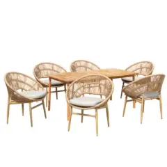 7-PCS Outdoor Patio Dining Sets with Wood Table & 6 Wicker Chairs with Cushions,All-Weather Dining Furniture for Backyard or Porch-Maison Boucle