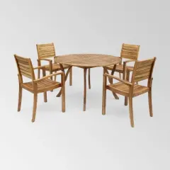 Wells 5 pc Acacia Wood Round Dining Set Teak Finish - Christopher Knight Home