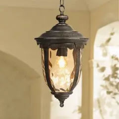 John Timberland Bellagio Rustic Outdoor Hanging Light Bronze 18" Champagne Hammered Glass Damp Rated for Post Exterior Barn Deck House Porch Patio