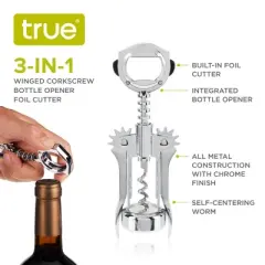 True Foil Cutting Winged Corkscrew with Built-In Foil Cutter and Bottle Opener, Metal Wine Key Self Centering Worm, Silver, Set of 1
