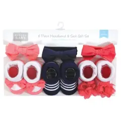 Hudson Baby Infant Girl Headband and Socks Giftset, Navy Coral, One Size