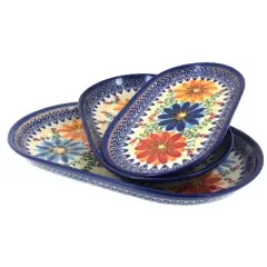 Blue Rose Polish Pottery 8600 Vena 3 Piece Oval Serving Set