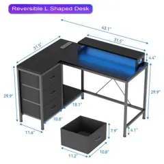 L Shaped Desk with Power Outlets & LED Lights, Computer Desk with Drawers & Shelves, Corner Desk Gaming Desk Home Office Desk