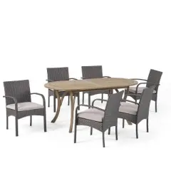 Mason 7pc Acacia Wood & Polyethylene Wicker Dining Set: Christopher Knight Home, Cushioned Chairs