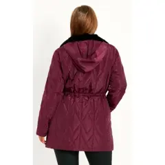Women's Plus Size Faux Fur Collar Padded Coat - wine | EVANS