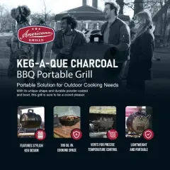 Americana Grills Keg A Que Charcoal BBQ Grill, Portable Outdoor Barbecue with Durable Powder Coated Hood and Bowl, 186 Square Inch Cooking Area, Black