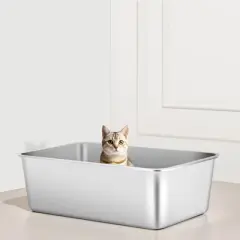 VEVOR Cat Litter Box, 8 inches Deep, XL Extra Large Stainless Steel Cat Litter Box with Scoop, Wide Filtering Foot Board & High Sides