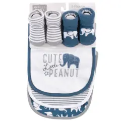 Hudson Baby Infant Boy Cotton Bib and Sock Set 5pk, Blue Elephant, One Size
