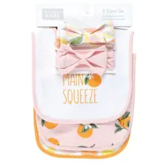 Hudson Baby Infant Girl Cotton Bib and Headband or Caps Set, Citrus Orange, One Size