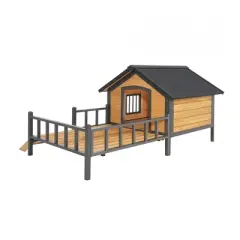 VASIP Outdoor Large Wooden Dog Kennel,Cabin House Style, All-Around Iron Frame, with Porch,Dog House,Yellow Brown