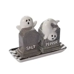 Transpac Dolomite Haunted Tombstone Salt and Pepper Shaker Set with Plate for Halloween Decor, Set of 3 Spooky Shakers