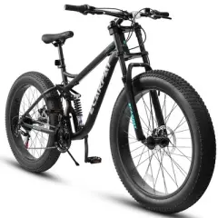NAYSAYE Bicycle 26 Inch Mountain Bike Full Suspension 21 Speeds Fat Tire for Off Road Adventures, Black, 78"*27"*41.5"
