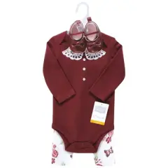 Hudson Baby Infant Girl Cotton Bodysuit, Pant and Shoe Set, Sweet Roses