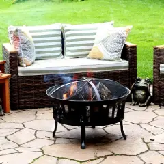 Sunnydaze 25" Outdoor Steel Mesh Stripe Cutout Fire Pit Set with Spark Screen and Poker Lifting Tool