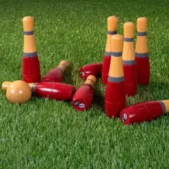 Toy Time 10-Pin Lawn Bowling Game/Skittle Ball Set With Mesh Bag - Red and Gray